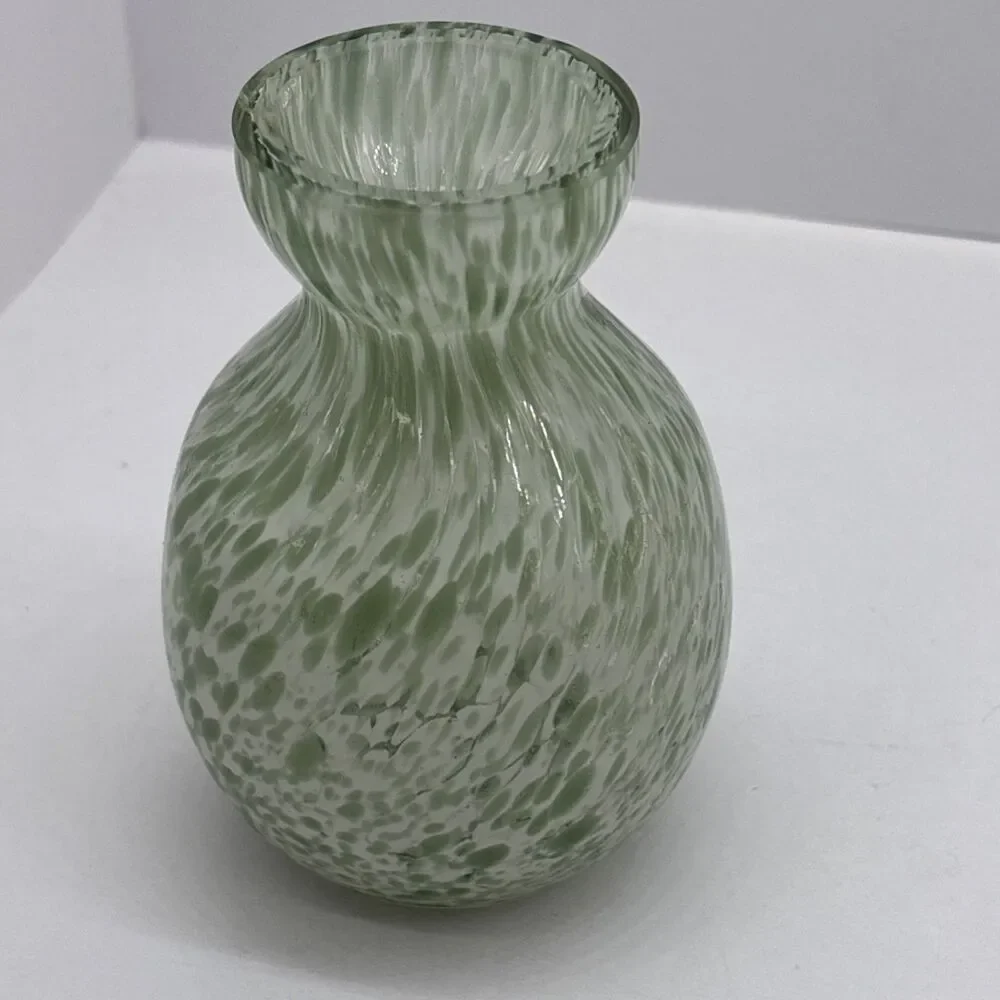 Vintage Spatter Art Glass Bud Vase Pale Green White Mottled Mini 4